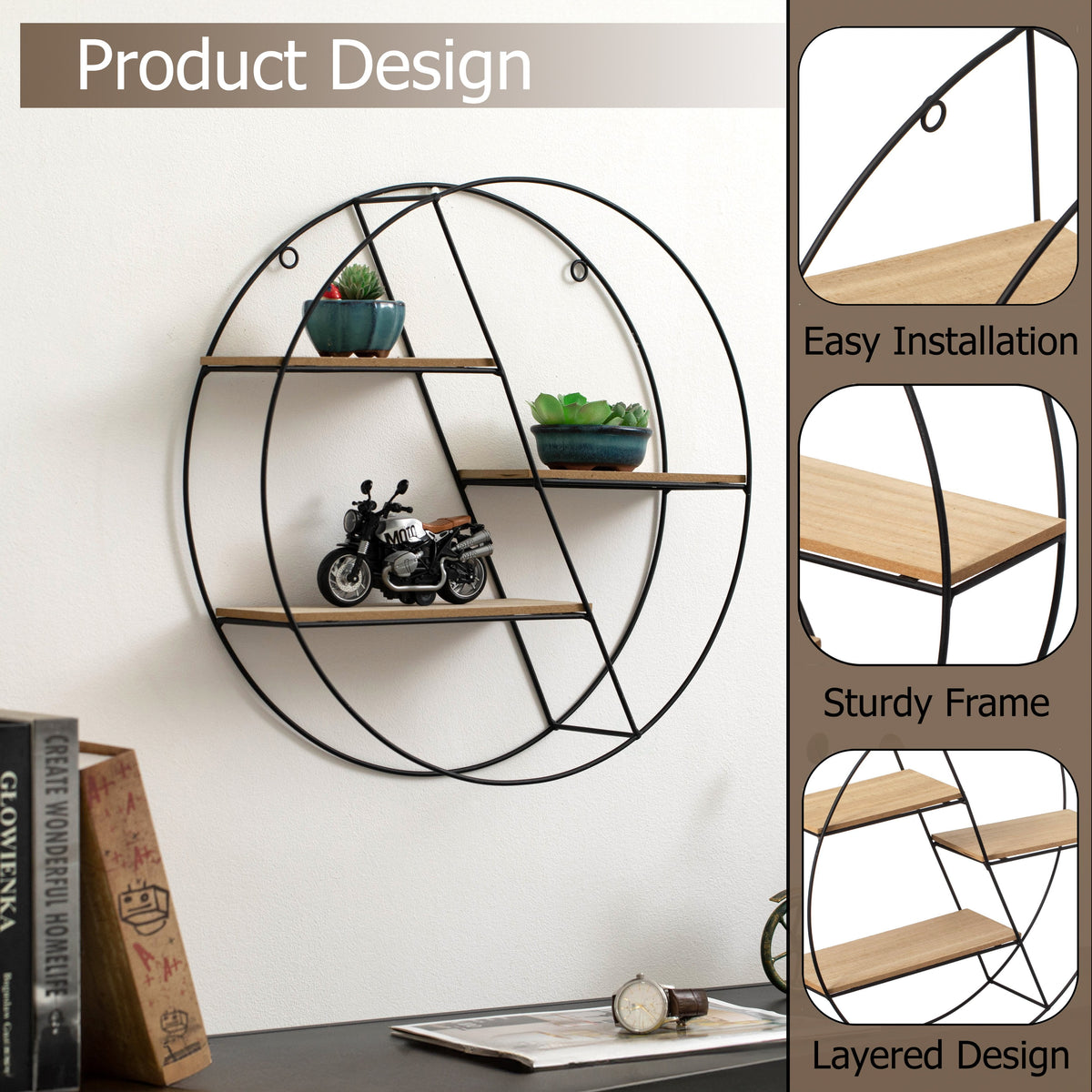 Vintiquewise 4-Tier Floating Circular Silhouette Wall Shelf - Metal Wall-Mounted Display Shelf, Multi-Functional Wall Storage - Perfect for Entryway, Bathroom, Bedroom, Living Room or Office, Gold