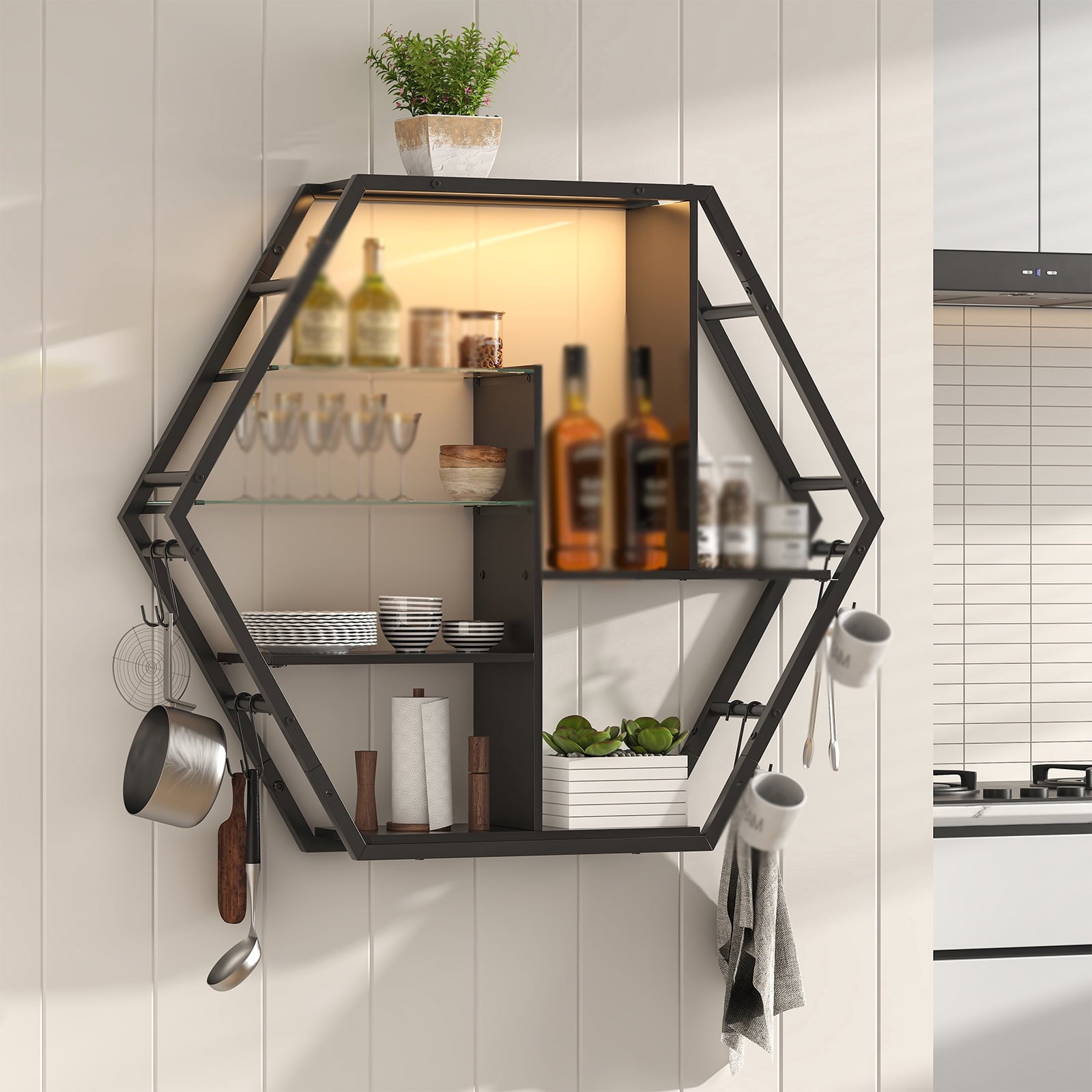 ModFurne LED Wall Shelves - Lighted Display Shelves With Extra Hooks For Gaming Rooms & Bars. Modern Black Floating Shelves With Built-In LED Lighting
