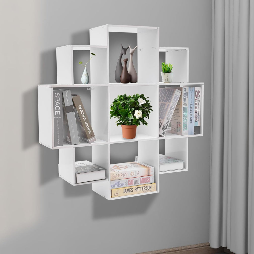 Wall Mounted Book Shelf Modern 3-Tier Floating Shelf Bookcase with 9 Compartments Wall Storage Shelves Floating Cube Shelf for Living Room Decoration Decor (White)