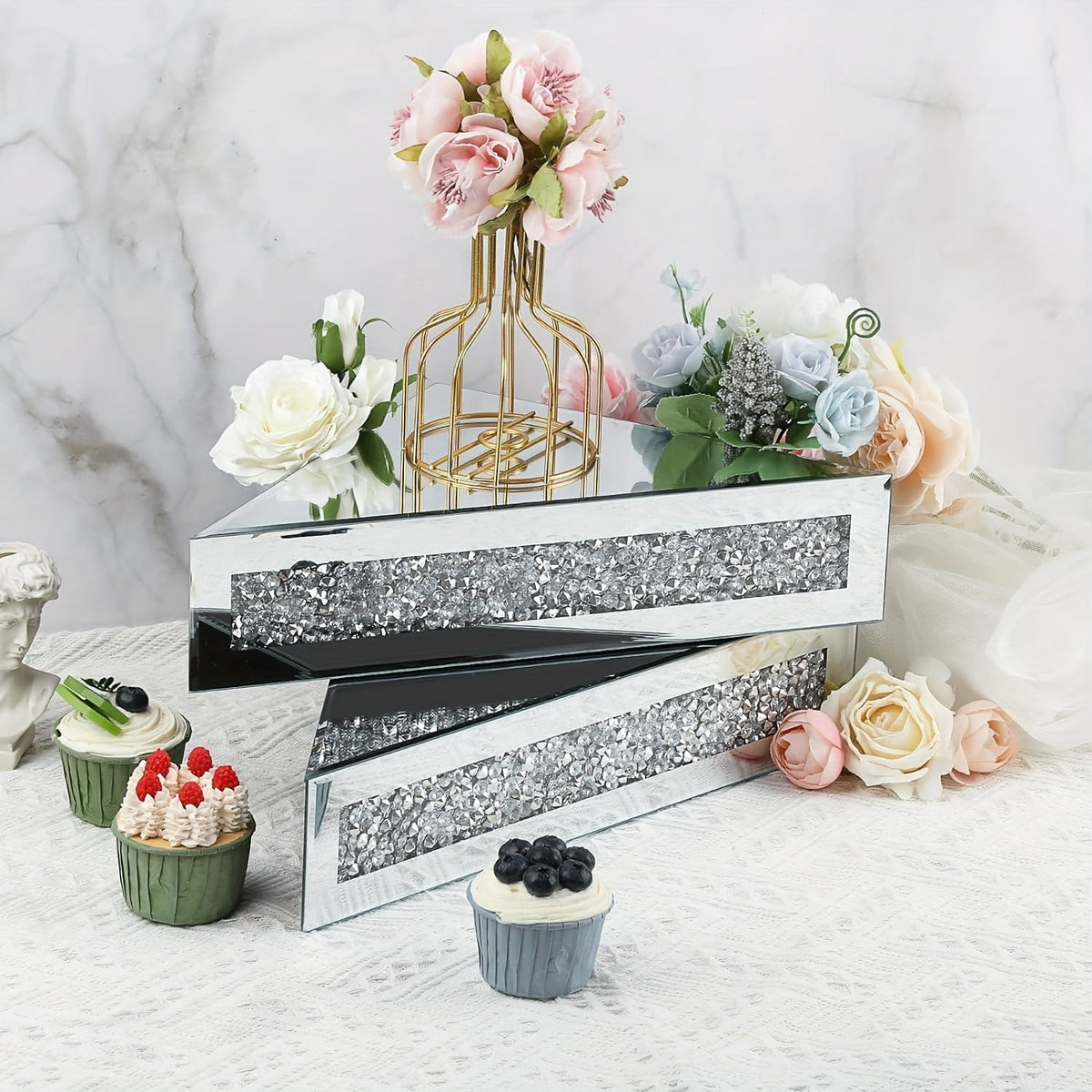 Mirrored Floating Corner Shelf Set of 2 - 14.96" Triangle Silver Mirror Crushed Diamond Wall Shelves for Home Decor, Crystal Diamond Art Deco Display for Living Room, Bedroom - 90°Right Angle Only