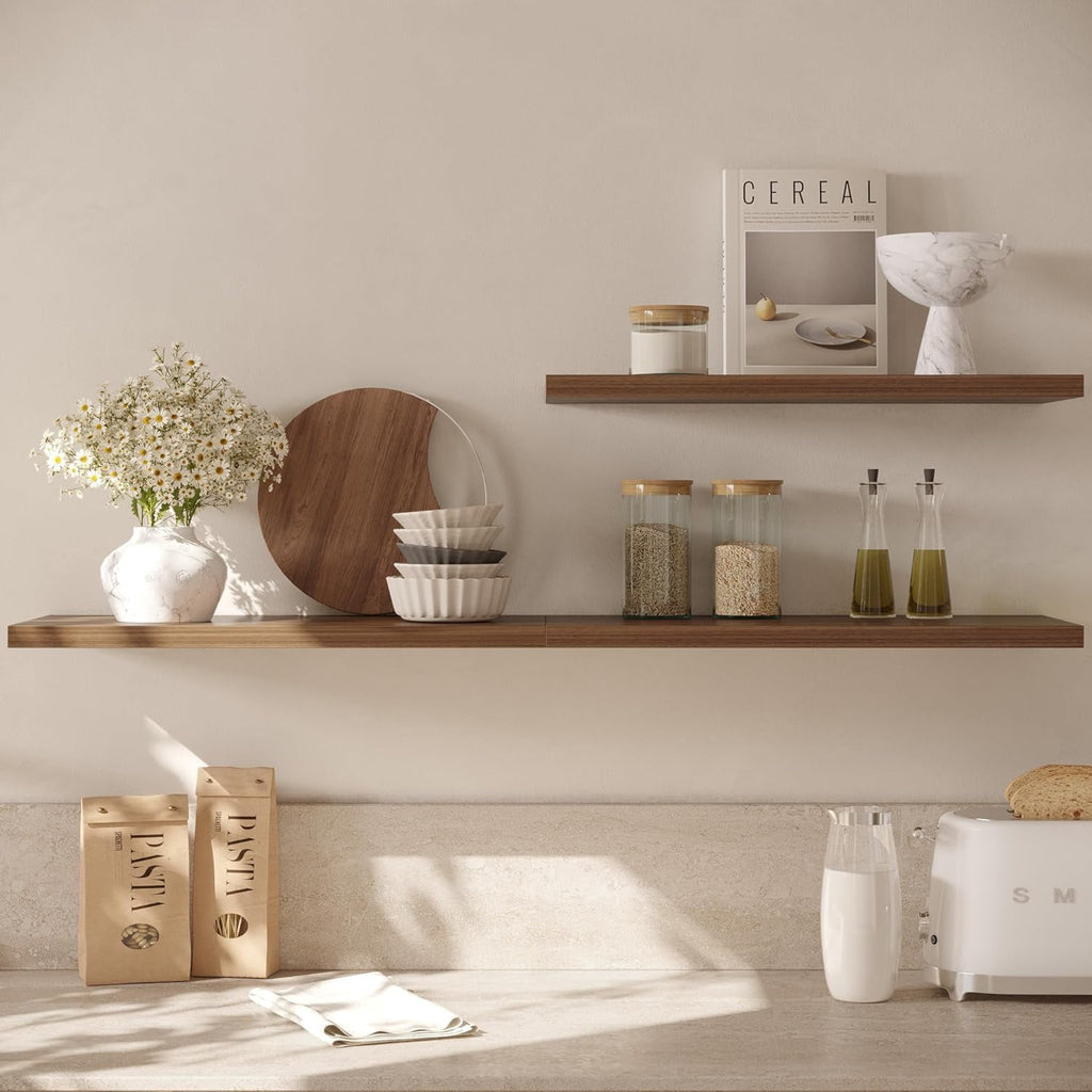 Dumekko Large Floating Shelves for Wall Set of 2 Wooden Wall Shelves 30 in x 12.75 in x 2 in Room Decor Long Shelf with Invisible Wall Mount Bracket for Bedroom, Kitchen, Living Room, Walnut