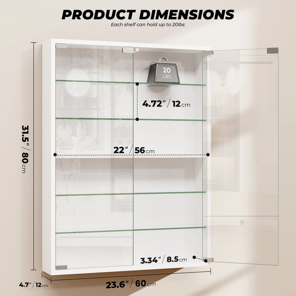 BROTTAR 6-Tier Wall Display Case with Glass Doors, LED Display Cabinet with Adjustable Glass Shelves, Display Case for Collectibles, White
