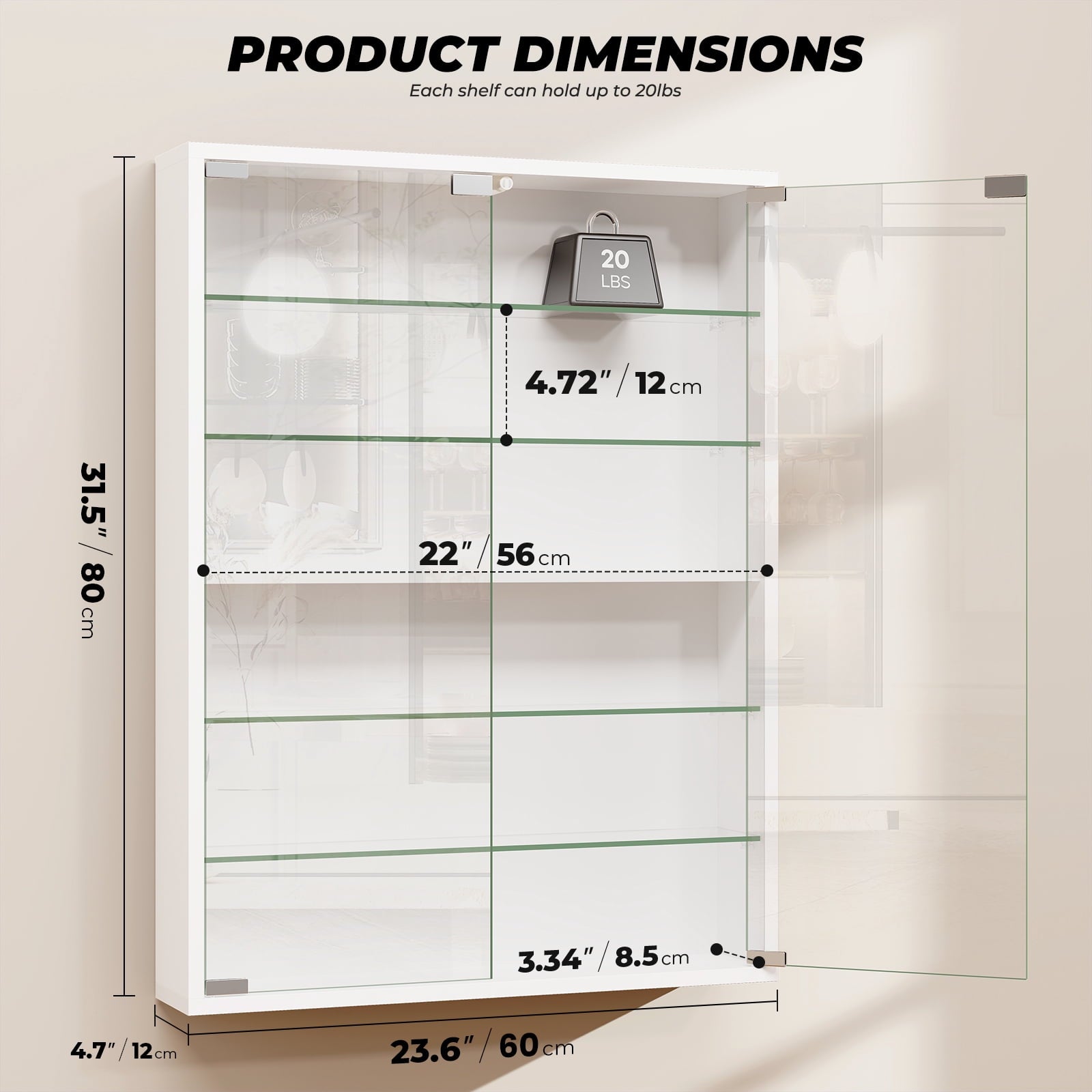 BROTTAR 6-Tier Wall Display Case with Glass Doors, LED Display Cabinet with Adjustable Glass Shelves, Display Case for Collectibles, White