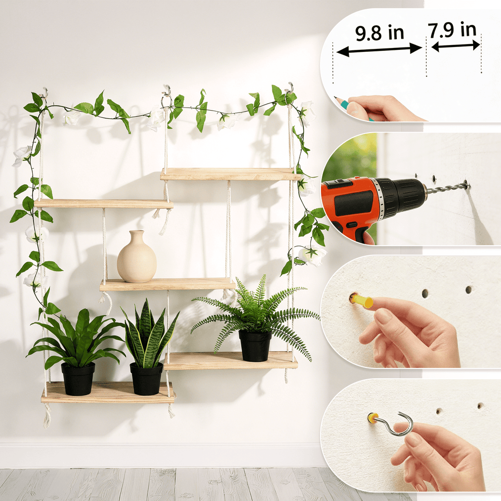 AMTPM Hanging Shelves for Wall, 5 Tier Boho Wall Decor Hanging Plant Shelf Floating Shelves Rope Rustic Wood Organizer Storage Hanger Rack for Aesthetic Home Bedroom Kitchen Bathroom