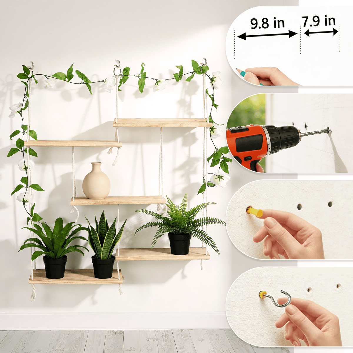 AMTPM Hanging Shelves for Wall, 5 Tier Boho Wall Decor Hanging Plant Shelf Floating Shelves Rope Rustic Wood Organizer Storage Hanger Rack for Aesthetic Home Bedroom Kitchen Bathroom