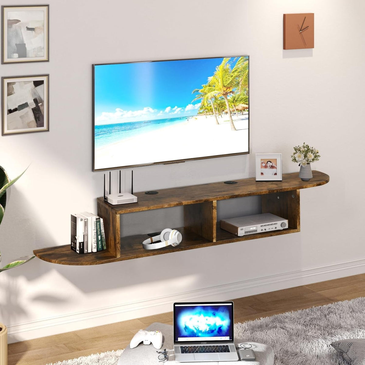 Floating TV Stand, 55" Floating TV Shelf with Storage, Floating Entertainment Center Wall Shelf for Living Room, Floating Shelf for Under TV, Bedroom, Walnu