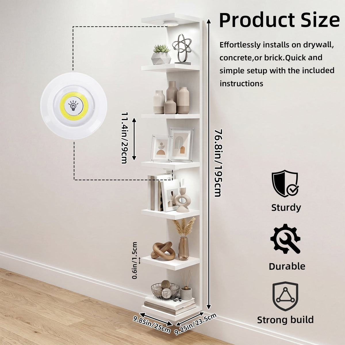 Fairy 7-Tier Wall Mounted Shelf Unit, White Floating Shelves with LED Lights, Home Decor Organizer and Display Rack