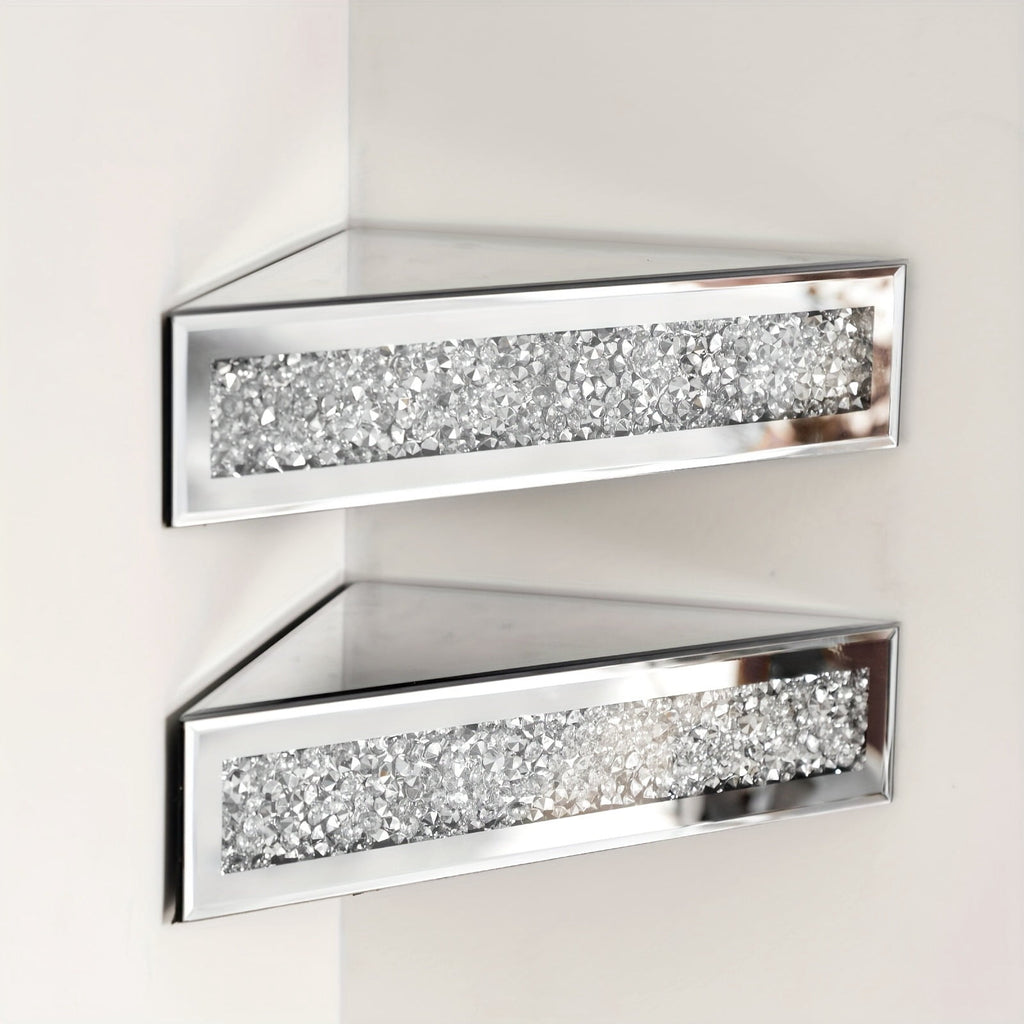 Mirrored Floating Corner Shelf Set of 2 - 14.96" Triangle Silver Mirror Crushed Diamond Wall Shelves for Home Decor, Crystal Diamond Art Deco Display for Living Room, Bedroom - 90°Right Angle Only
