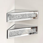 Mirrored Floating Corner Shelf Set of 2 - 14.96" Triangle Silver Mirror Crushed Diamond Wall Shelves for Home Decor, Crystal Diamond Art Deco Display for Living Room, Bedroom - 90°Right Angle Only