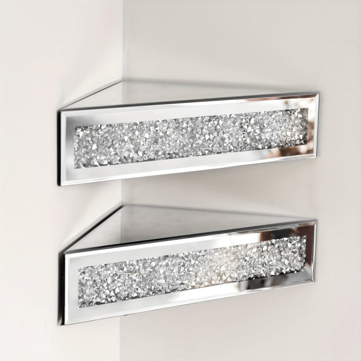 Mirrored Floating Corner Shelf Set of 2 - 14.96" Triangle Silver Mirror Crushed Diamond Wall Shelves for Home Decor, Crystal Diamond Art Deco Display for Living Room, Bedroom - 90°Right Angle Only
