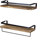 16" Wall-Mounted Floating Shelves W/Rack & Towel Bar, Home Decor 2-Tier Natural Burnt Wood Storage Shelf for Livingroom Kitchen Bedroom, Bathroom Shelves Over The Toilet