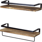 16" Wall-Mounted Floating Shelves W/Rack & Towel Bar, Home Decor 2-Tier Natural Burnt Wood Storage Shelf for Livingroom Kitchen Bedroom, Bathroom Shelves Over The Toilet