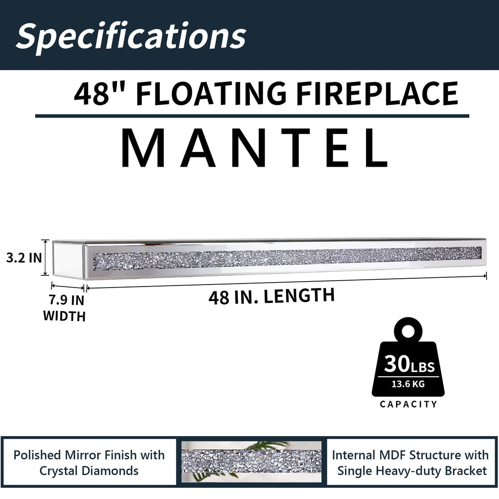 SHYFOY 48" Fireplace Mantel Mirrored Floating Shelf with Faux Diamond Inlay Accent Shelf for Wall Decor