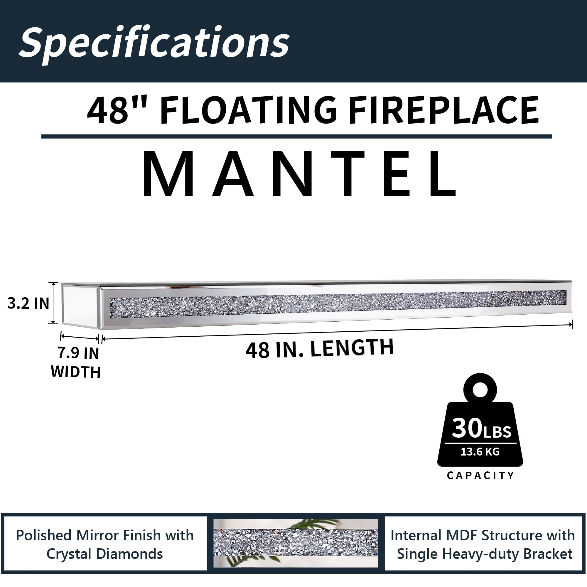 SHYFOY 48" Fireplace Mantel Mirrored Floating Shelf with Faux Diamond Inlay Accent Shelf for Wall Decor