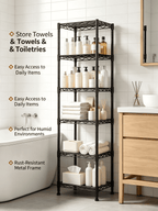 melmine Slim Vertical Storage Shelf,6-Tier Narrow Storage Rack for Bathroom Small Spaces,Adjustable Metal Shelving Unit,15.8"W x 11.8"D x 63"H,Black