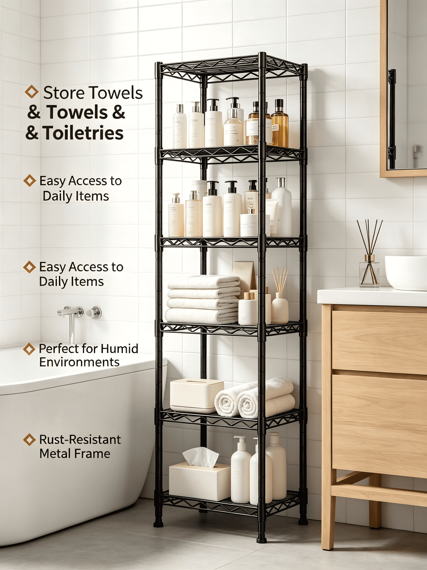 melmine Slim Vertical Storage Shelf,6-Tier Narrow Storage Rack for Bathroom Small Spaces,Adjustable Metal Shelving Unit,15.8"W x 11.8"D x 63"H,Black