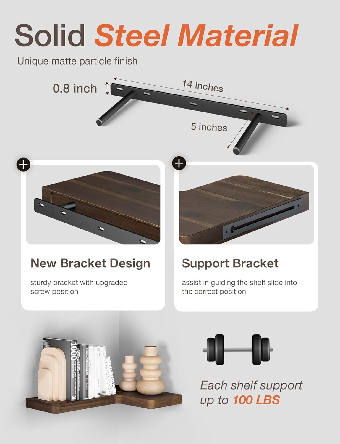 TIDITA Acacia Wood Corner Floating Shelf 17” x 12”- Corner Shelf Wall Mounted - Floating Book Shelves for Wall - Corner Shelf for Home, Kitchen - with Brackets and Hardware (Walnut Color, 17" x 12")