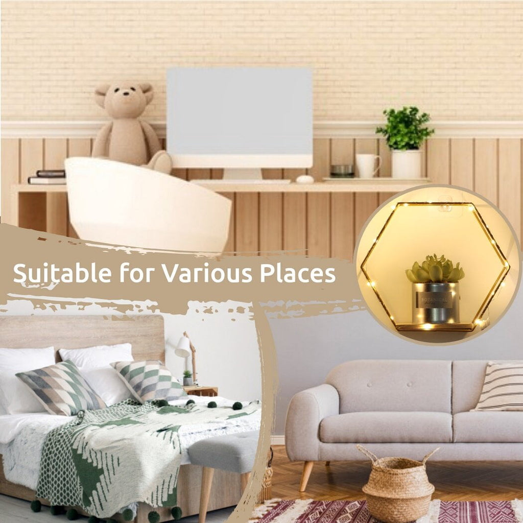 3Pcs Hexagon Floating Shelves with LED Light Strip, Modern Wall Mounted Metal Storage Shelves with Wooden Base, Wall Decor for Home Living Room Bedroom Bathroom