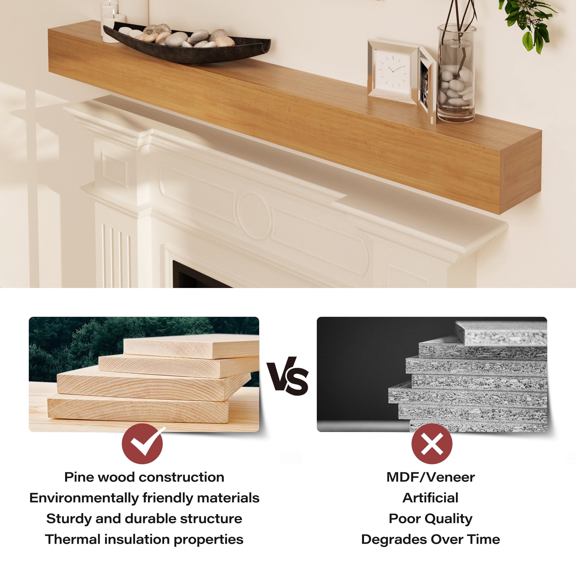 LAUSAINT HOME 60 Inch Floating Fireplace Mantel Lausaint Home Wall Shelf with Hidden Brackets