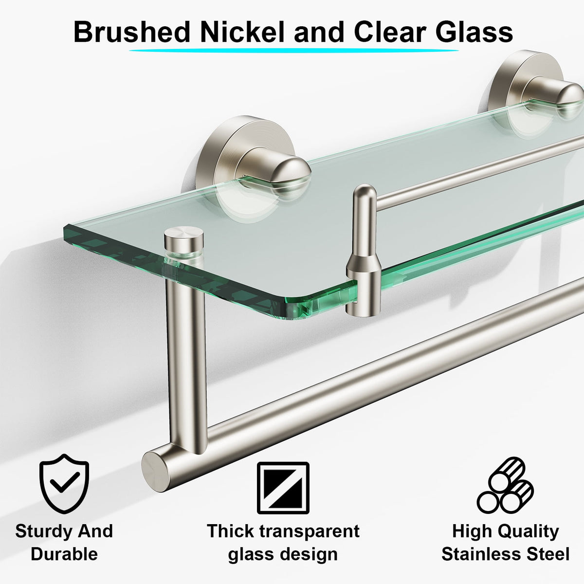 Bathroom Glass Shelf with Railing, Floating Tempered Glass Bathroom Wall Shelf Rectangle 16 Inch Over The Toilet Storage Cabinet, Gaming Floating Shelves, Bathroom Accessories and Home Decor