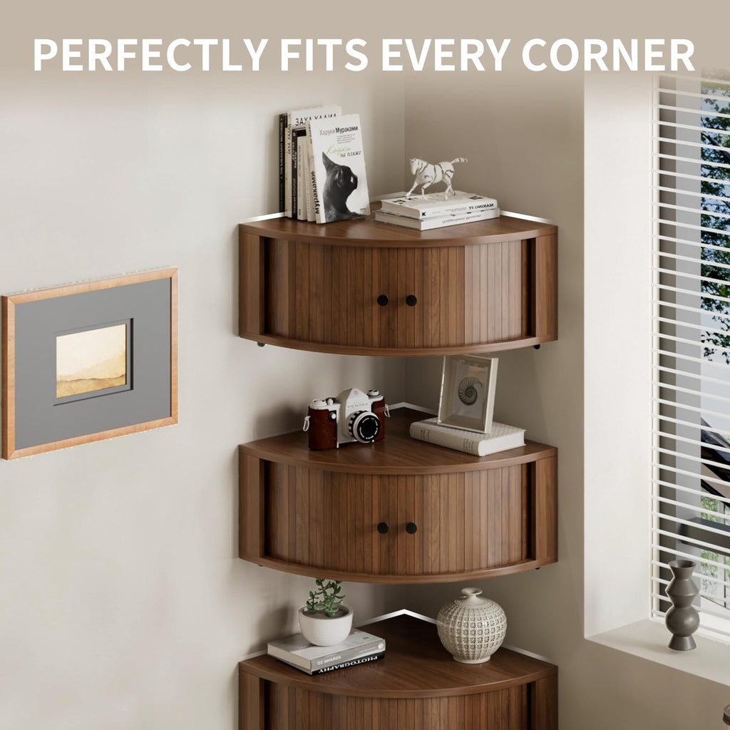 Fluted Corner Wall Cabinet Set of 3, Floating Corner Shelves with Sliding Doors, Wall Storage Organizer for Living Room
