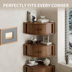 Fluted Corner Wall Cabinet Set of 3, Floating Corner Shelves with Sliding Doors, Wall Storage Organizer for Living Room