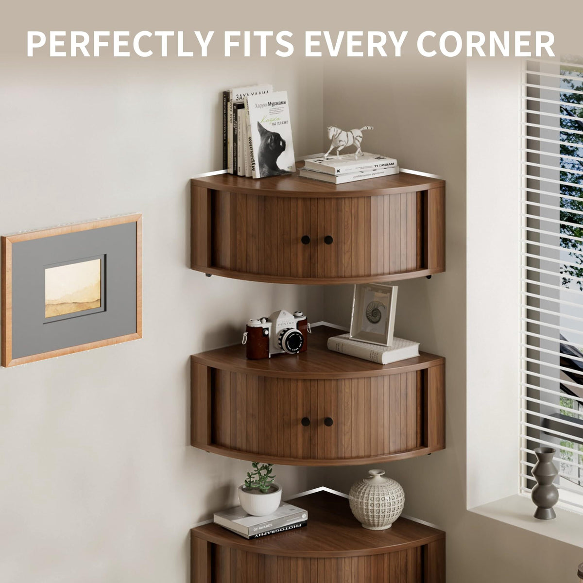 Fluted Corner Wall Cabinet Set of 3, Floating Corner Shelves with Sliding Doors, Wall Storage Organizer for Living Room