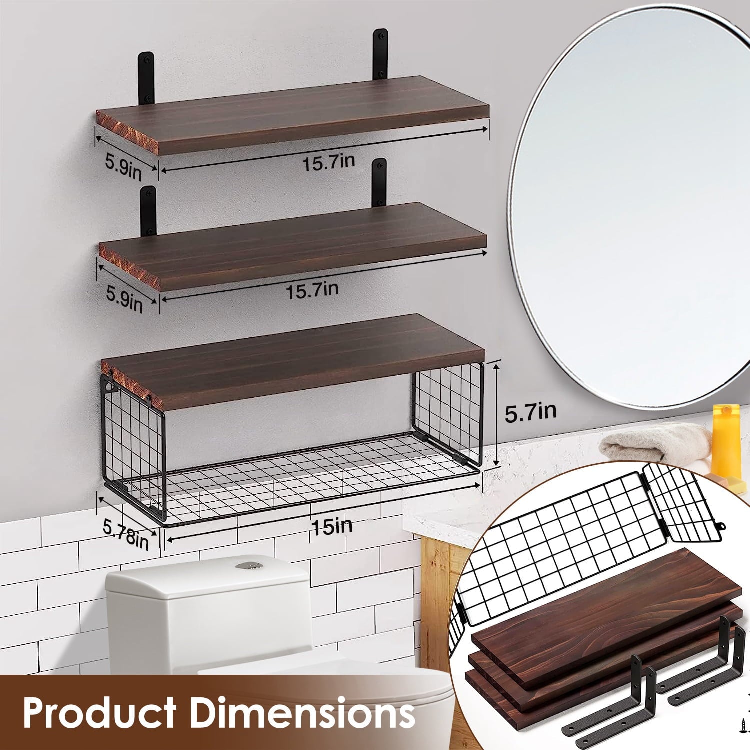 Rustic Floating Shelves, Moclever 2.75lbs Wall Mount Wooden Bathroom Floating Shelves with Basket