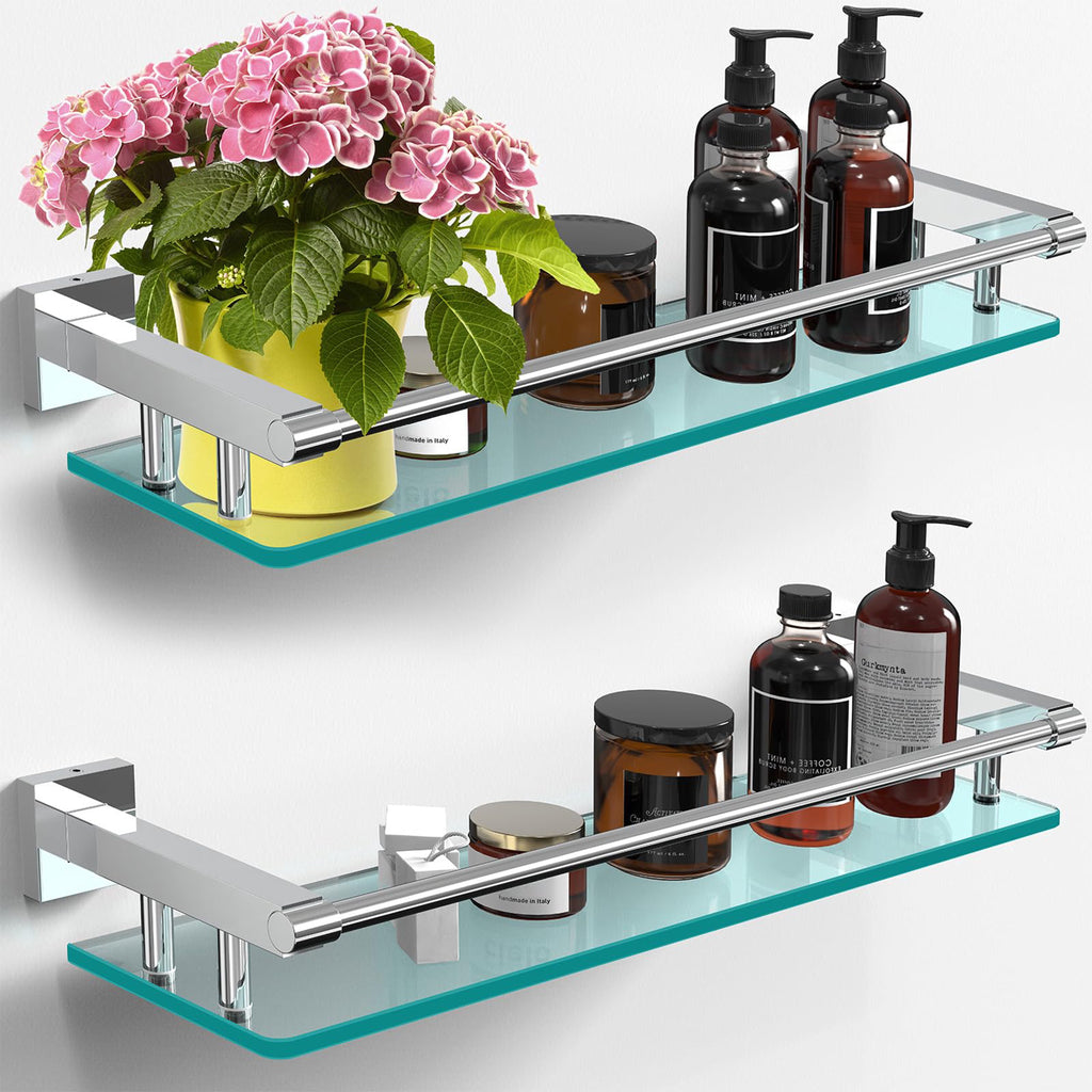 Bathroom Glass Shelf with Full-coverage Railing, Floating Tempered Glass Bathroom Wall Shelf Rectangle 20 Inch Shelves Chrome Polished Bracket Mount Modern