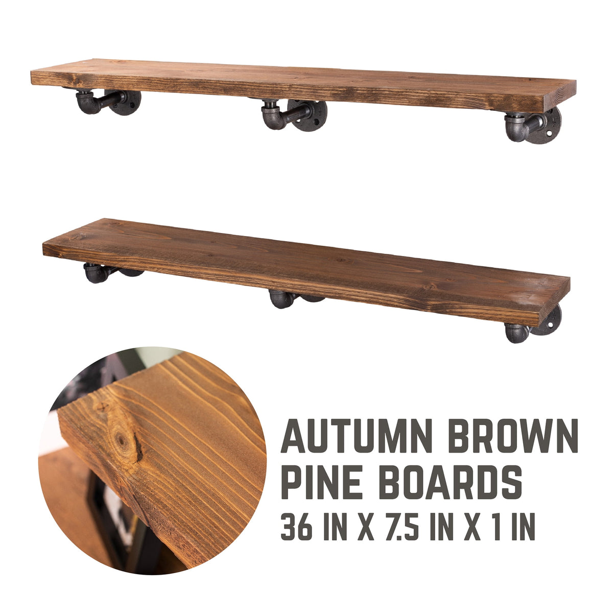 36 in. x 7.5 in. x 6.75 in. Autumn Brown Restore Wood Wall Shelving with Industrial Steel Pipe L- Brackets
