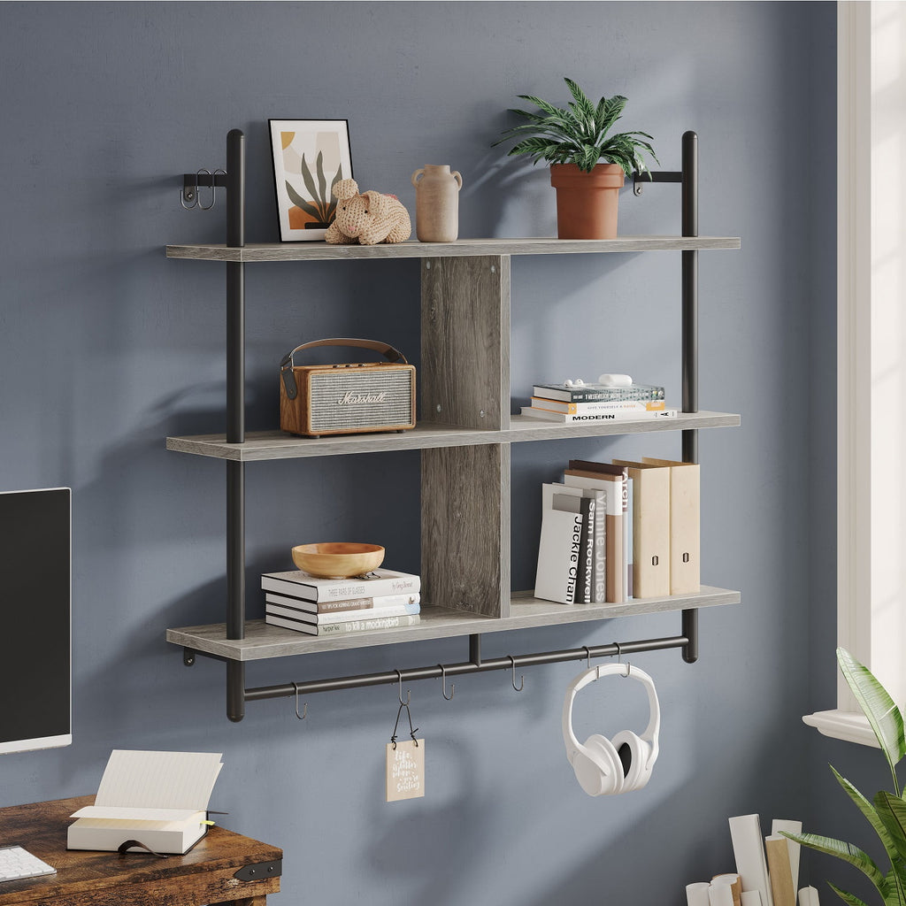 Bestier 41" Industrial Pipe Shelves Wall Mount, 3-Tier Floating Shelves for Kitchen Bedroom Bathroom in Grey