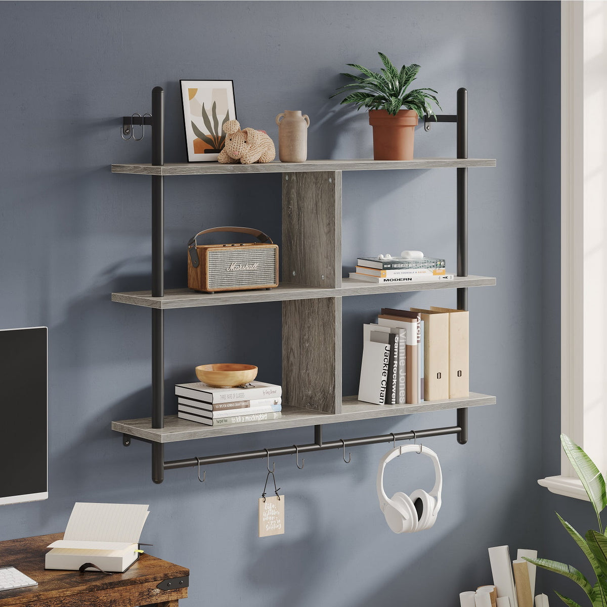 Bestier 41" Industrial Pipe Shelves Wall Mount, 3-Tier Floating Shelves for Kitchen Bedroom Bathroom in Grey