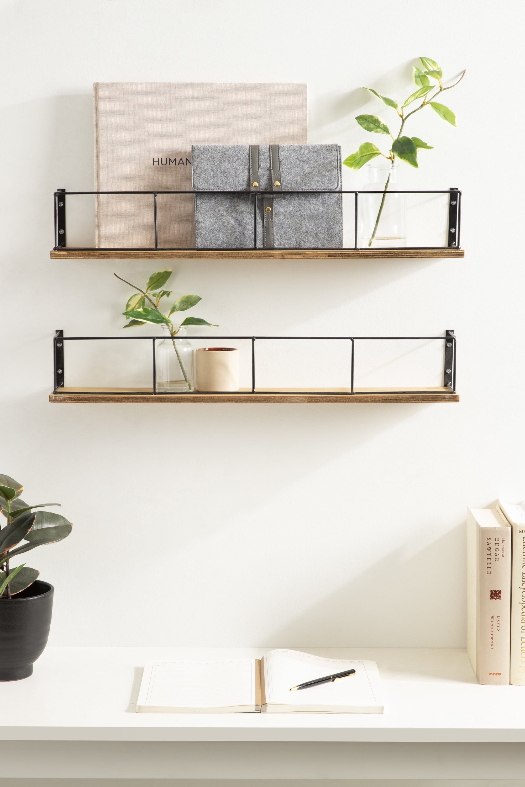 Kate and Laurel Benbrook 24 inch 2-Pack Wood and Metal Floating Wall Shelves, Rustic Brown and Black