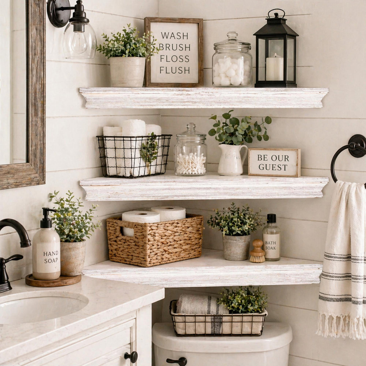 3-Piece Rustic Farmhouse Whitewashed Floating Corner Wall Shelves for Storage and Display - Set of 3, White