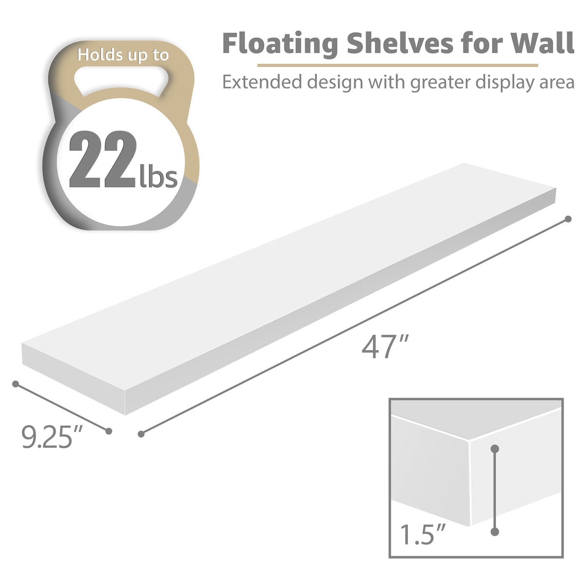 Sorbus Extra Long Floating Shelves – Set of 3 Wall-Mounted Shelves (48"x9") for Bedroom, Kitchen, Living Room, Bathroom – White Farmhouse Décor