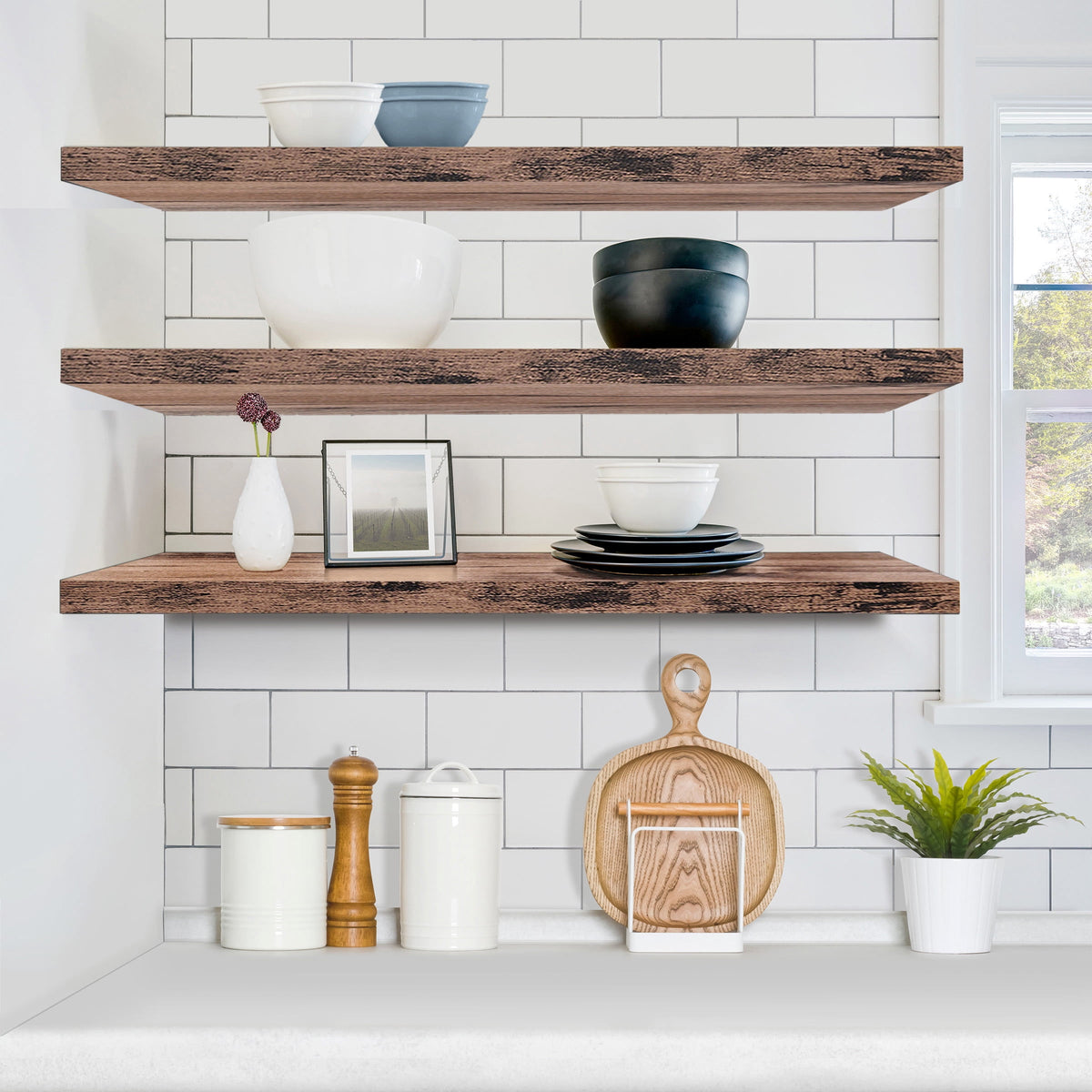 Sorbus Extra Long Floating Shelves – Set of 3 Wall-Mounted Shelves (48"x9") for Bedroom, Kitchen, Living Room, Bathroom – Mahogany Farmhouse Décor
