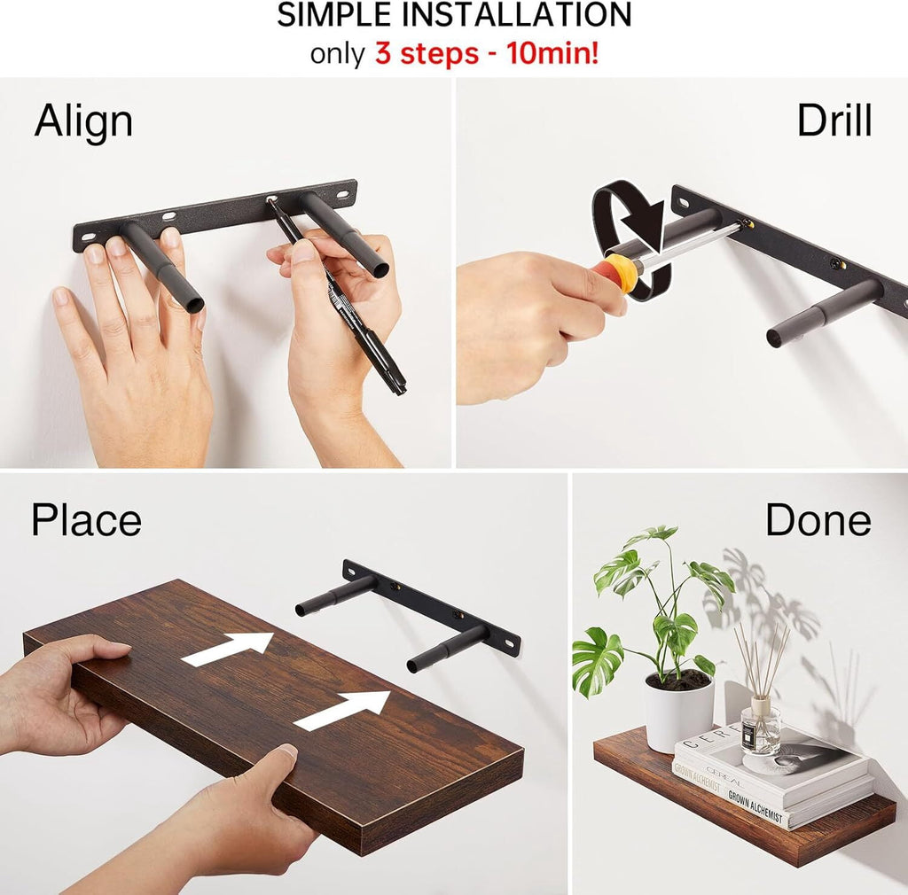 BAYKA Floating Shelves for Wall – Bathroom Shelves Rustic Wood with Metal Brackets for Bathroom, Bedroom, Kitchen, or Living Room Decor – Rustic Brown, 3 Set, Sturdy Storage with 22lb Capacity