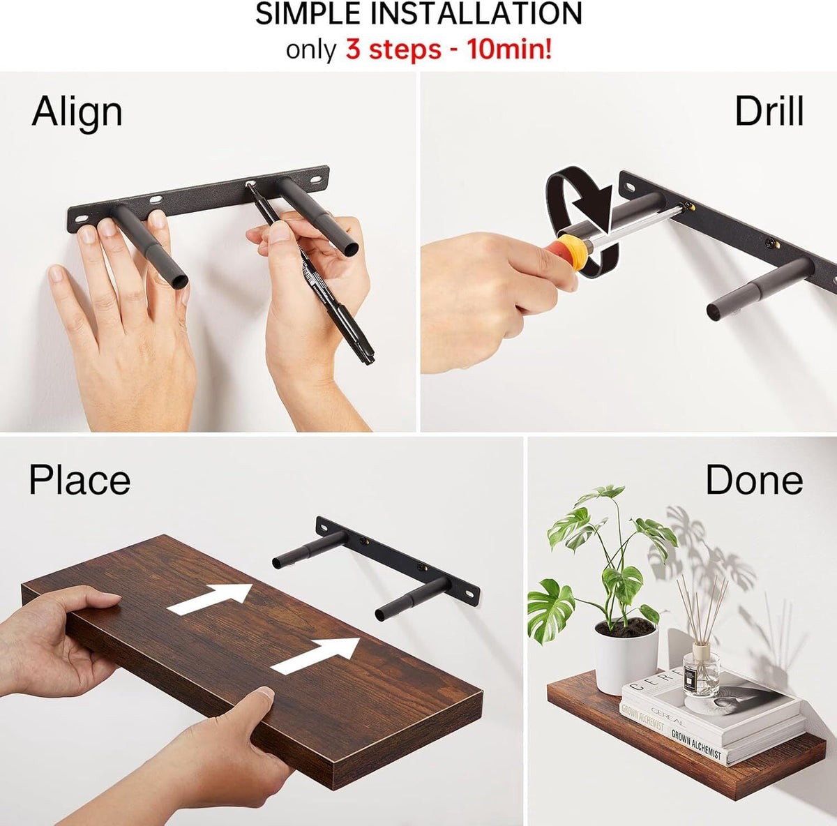 BAYKA Floating Shelves for Wall – Bathroom Shelves Rustic Wood with Metal Brackets for Bathroom, Bedroom, Kitchen, or Living Room Decor – Rustic Brown, 3 Set, Sturdy Storage with 22lb Capacity