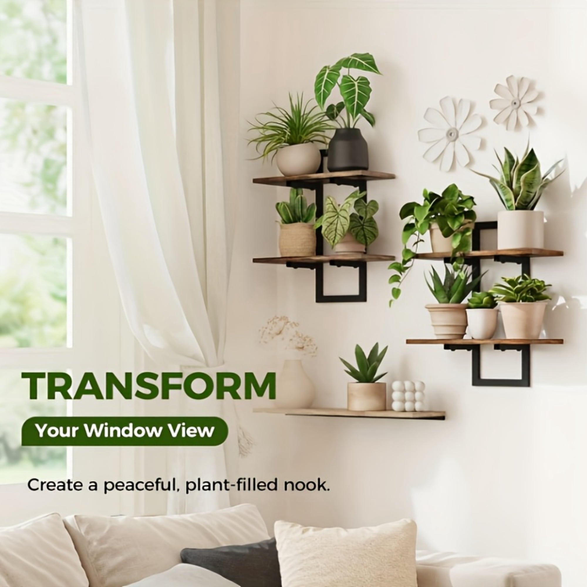 MEHOOM 2-Pack 2-Tier Floating Shelves for Wall, 15" Wall-Mounted Plant Shelves with Heavy-Duty Metal Frame, Rustic Brown Storage Shelves for Living Room, Bedroom, Bathroom and Kitchen