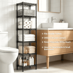 melmine Slim Vertical Storage Shelf,6-Tier Narrow Storage Rack for Bathroom Small Spaces,Adjustable Metal Shelving Unit,15.8"W x 11.8"D x 63"H,Black
