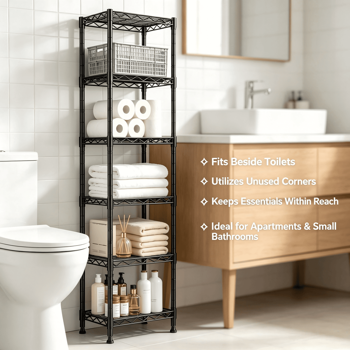 melmine Slim Vertical Storage Shelf,6-Tier Narrow Storage Rack for Bathroom Small Spaces,Adjustable Metal Shelving Unit,15.8"W x 11.8"D x 63"H,Black