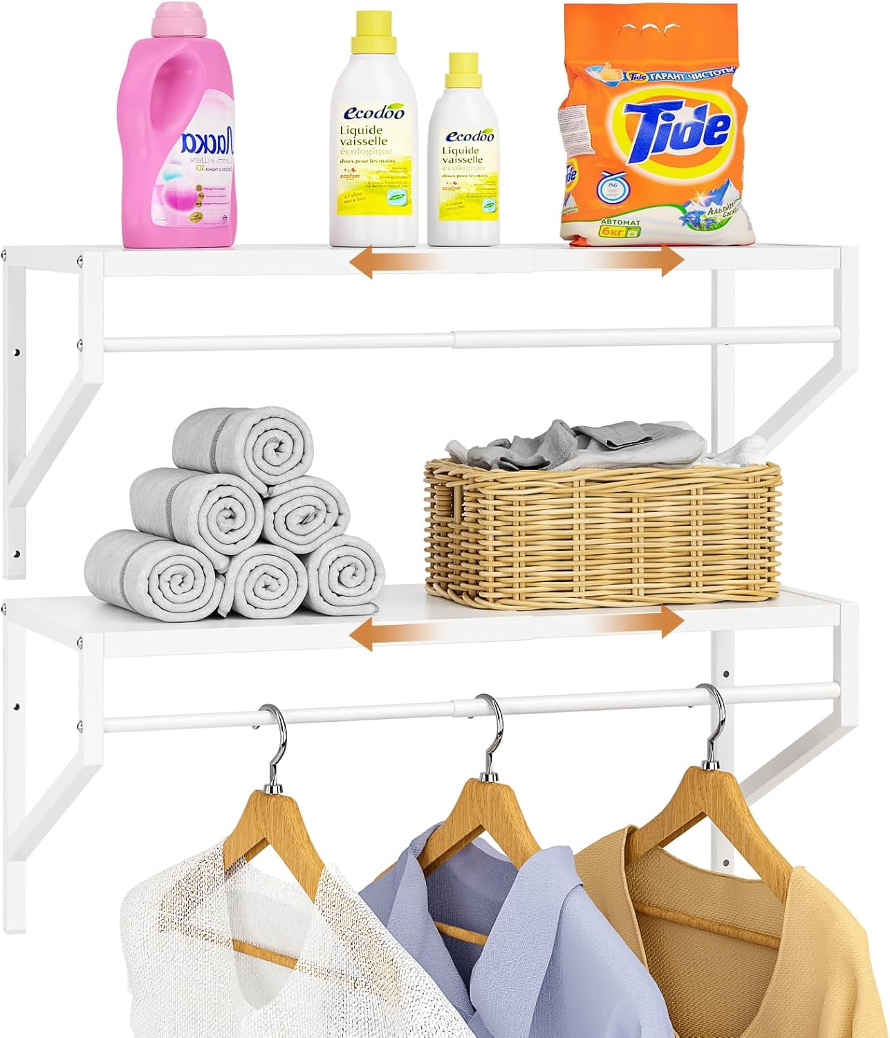 2 Pack Expandable Laundry Room Shelves with Hanging Rod, Over Washer and Dryer Shelves, Wall Mounted Metal Shelving, Utility Floating Wall Shelf for Laundry Closet Organizers and Storage