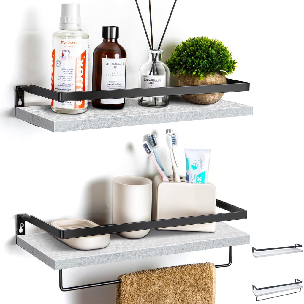 16" Wall-Mounted Floating Shelves W/Rack & Towel Bar, Home Decor 2-Tier White Wood Storage Shelf for Livingroom Kitchen Bedroom, Bathroom Shelves Over The Toilet