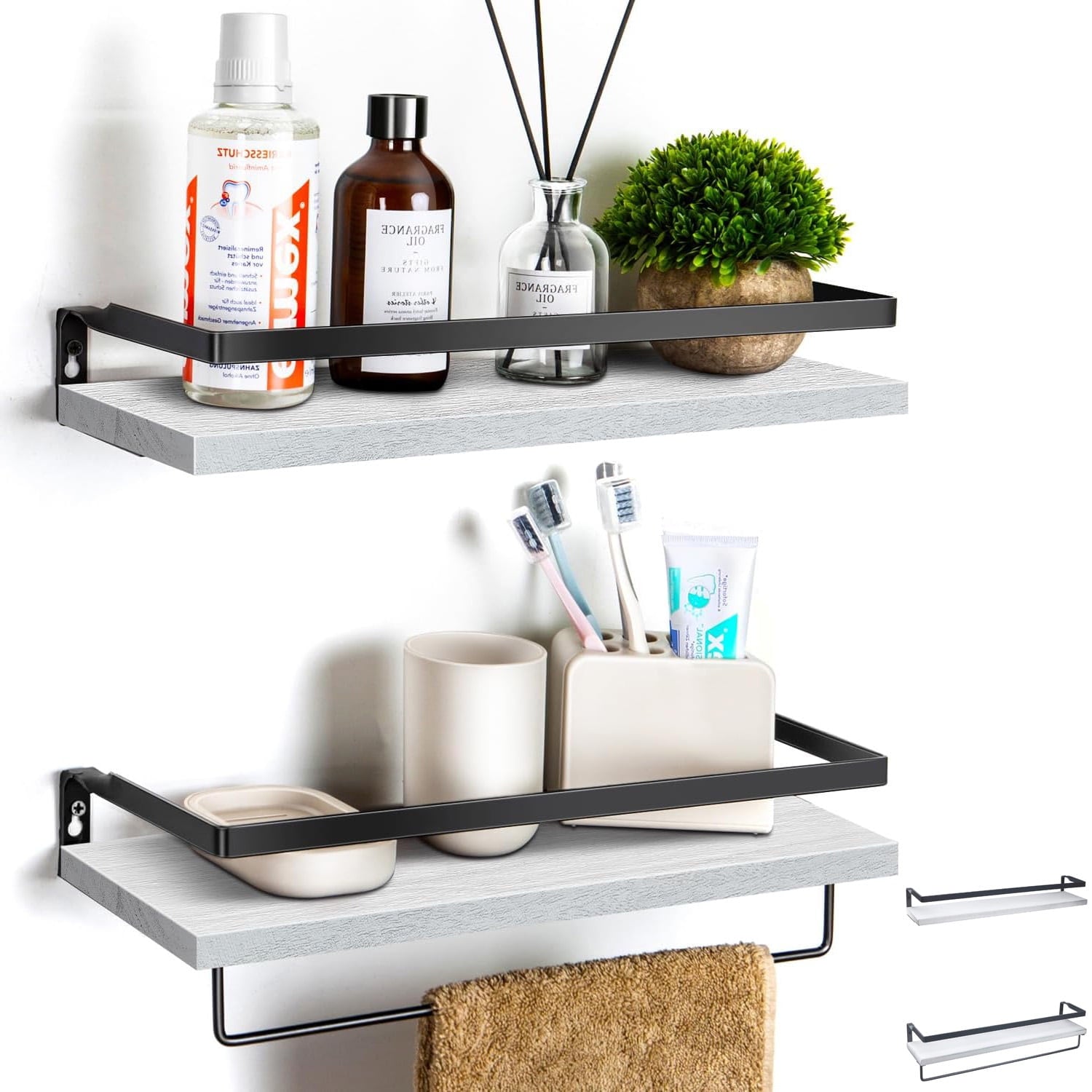 16" Wall-Mounted Floating Shelves W/Rack & Towel Bar, Home Decor 2-Tier White Wood Storage Shelf for Livingroom Kitchen Bedroom, Bathroom Shelves Over The Toilet