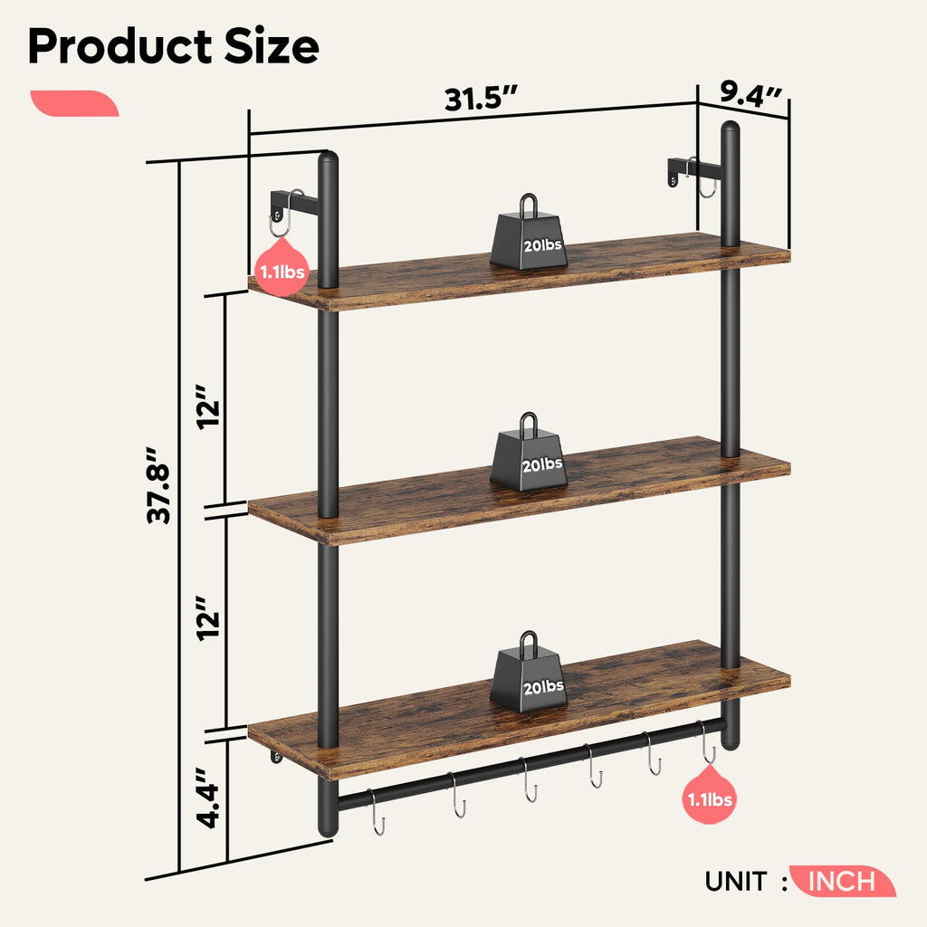 Bestier 31" Kitchen Wall Shelves 3-Tier Floating Shelves for Bathroom, Bedroom, Rustic Brown