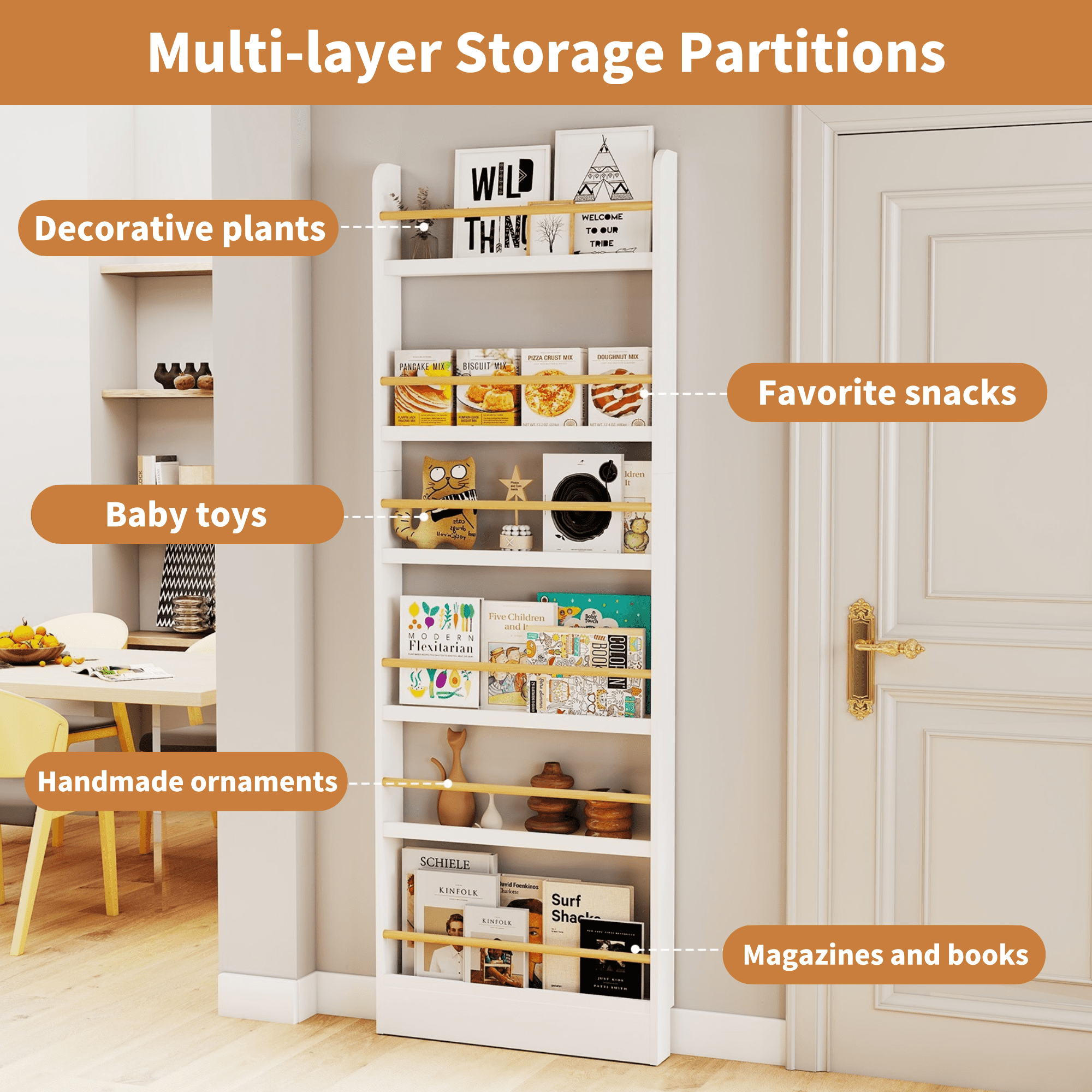 VGBYUJ 6 Tier Behind The Door Bookshelf, 70" Thin Narrow Bookshelf, Space Saving Wall Book Shelf Coner Bookshelf, White