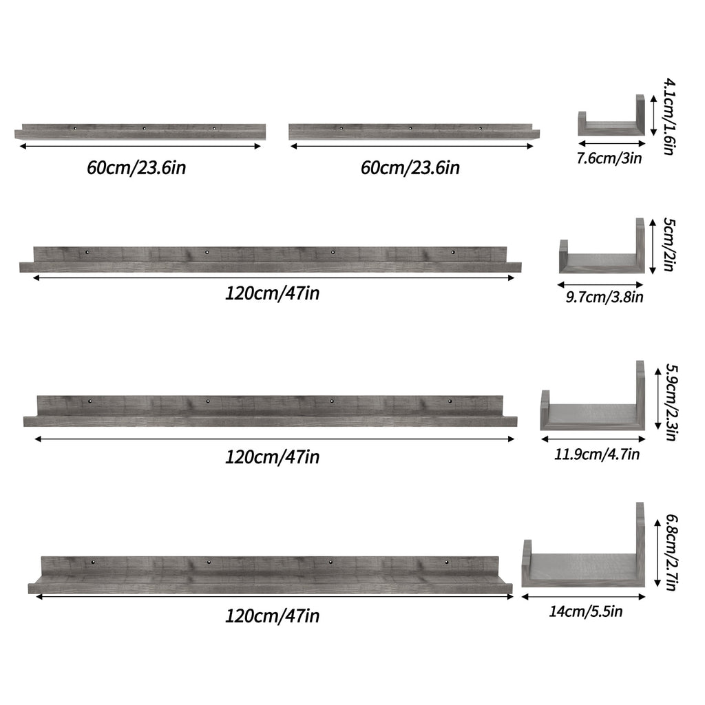 Floating Shelves Set of 5, 47 Inch Long Picture Ledge Shelf for Bathroom, Bedroom, Kitchen, Living Room Storage and Decoration, Gray