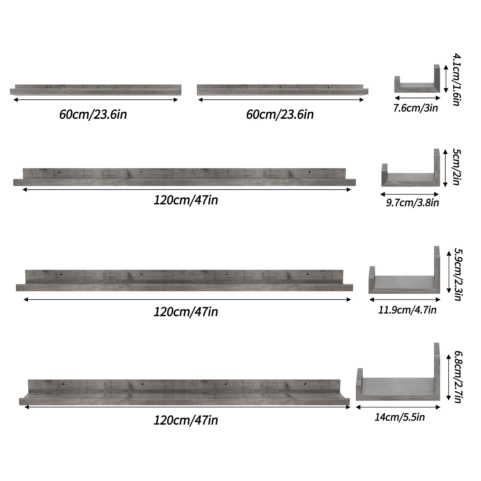 Floating Shelves Set of 5, 47 Inch Long Picture Ledge Shelf for Bathroom, Bedroom, Kitchen, Living Room Storage and Decoration, Gray