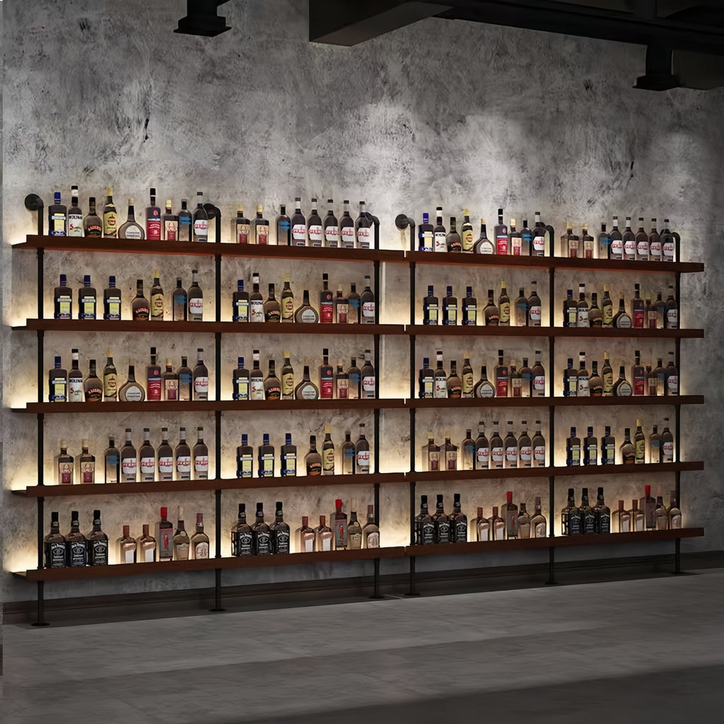 71in Industrial Wall Mounted Wine Rack, 5-Tier Rustic Metal Floating Shelves, Large Capacity Wall Bar Shelves for Liquor Bottles for Home Bar & Dining Room, Walnut(Without Lights,)