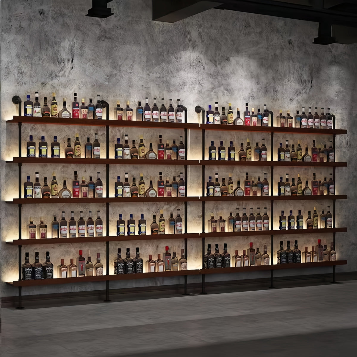 31in Industrial Wall Mounted Wine Rack, 5-Tier Rustic Metal Floating Shelves, Large Capacity Wall Bar Shelves for Liquor Bottles for Home Bar & Dining Room, Walnut(Without Lights, 80cm/31in)